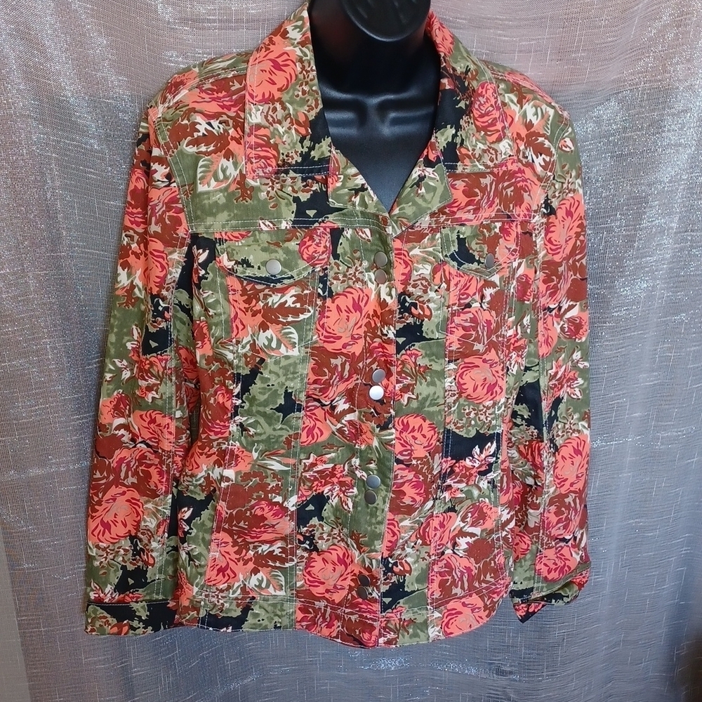 Live A Little denim jacket floral stretch L, Pink, Olive, Brown